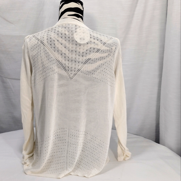 August Moon Cream Rayon Thin Knit Eyelet Criss Cross Cut-Out Sleeve Cardigan - Picture 7 of 14